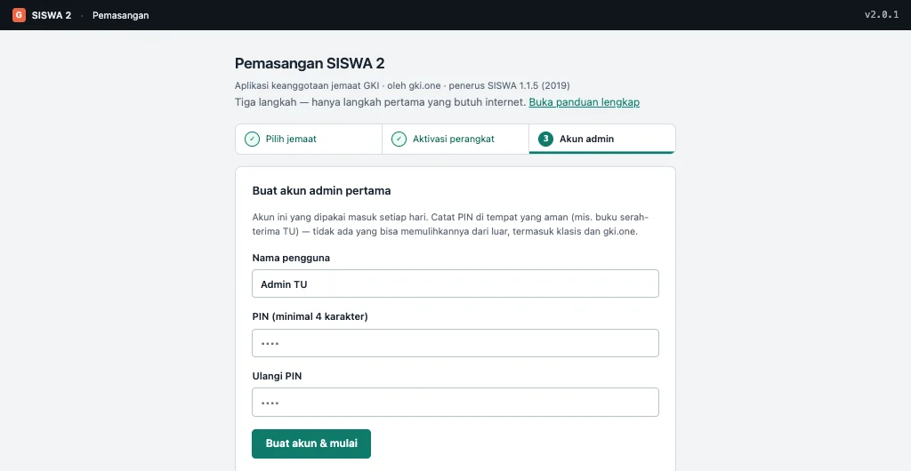 Pembuatan akun admin pertama